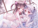  2girls :o ;d absurdres animal_ear_fluff animal_ears ass bare_arms bare_shoulders black_bow black_hair blurry blurry_background blush bow bow_bra bow_panties bra breasts cleavage commentary_request curtains depth_of_field grey_hair hair_between_eyes hair_bow highres leg_between_thighs long_hair medium_breasts multicolored_hair multiple_girls navel one_eye_closed original panties parted_lips pillow pink_bra pink_hair pink_panties pointy_ears red_eyes smile streaked_hair striped_bra striped_clothes striped_panties tandohark thighhighs two_side_up underwear underwear_only very_long_hair white_bra white_panties white_thighhighs window yuri 