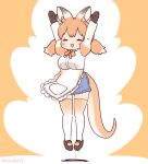  1girl animal_ears apron arms_up bow bowtie brown_hair coroha extra_ears full_body gloves jumping kangaroo_ears kangaroo_girl kangaroo_tail kemono_friends long_hair looking_at_viewer orange_background red_kangaroo_(kemono_friends) shirt shoes shorts simple_background solo tail thighhighs twintails 