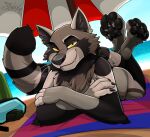 anthro beach beach_towel better_version_at_source bisexual_pride_colors claws lgbt_pride looking_at_viewer lying male mammal on_front outside parasol pawpads pawzzhky pride_colors procyonid raccoon sand sea seaside smile snaggle_tooth solo towel water yellow_eyes zaccoon