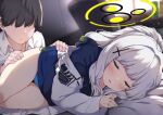  1boy 1girl blue_archive blue_hoodie blue_panties brown_hair closed_eyes grey_hair hair_over_eyes halo hare_(blue_archive) highres hood hoodie jacket jon_(pixiv31559095) long_hair lying on_side open_mouth panties sleeping underwear white_jacket 