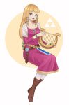  1girl absurdres belt blonde_hair blue_eyes boots bracelet dress full_body hair_ribbon harp highres holding holding_instrument instrument invisible_chair jewelry long_hair looking_at_viewer low-tied_long_hair open_mouth pantyhose pointy_ears princess_zelda prock ribbon sitting smile solo the_legend_of_zelda the_legend_of_zelda:_skyward_sword very_long_hair 