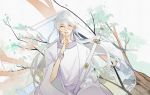  aiako bracelet chinese_clothes closed_eyes duanmu_luoyue earrings graphite_(medium) highres jewelry leaf long_hair male_focus open_mouth scroll solo spiritpact sword teeth traditional_media tree weapon white_hair 