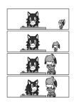  4koma animal_ears bird_tail comic desk elbow_gloves eye_contact fur_collar gloves grey_wolf_(kemono_friends) greyscale head_wings heterochromia highres ink jacket kemono_friends kotobuki_(tiny_life) long_hair looking_at_another monochrome multicolored_hair multiple_girls necktie pantyhose quill shoebill_(kemono_friends) short_sleeves shorts side_ponytail simple_background sitting smile standing tail white_background wolf_ears 