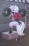 anthro black_eyes blurred_background butt clothing deadlift equid equine exercise eyebrows female fluffy_ears footwear gym hair hi_res horse jacket leotard looking_at_viewer makeup mammal mikart multicolored_hair multicolored_tail paige_(mikart) rainbow_hair rear_view red_clothing shoes sneakers socks solo tail thick_eyebrows topwear watermark white_body white_hair white_tail