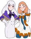  2girls alternate_costume annette_fantine_dominic cosplay costume_switch fire_emblem fire_emblem:_three_houses hands_on_own_hips happy highres looking_to_the_side lysithea_von_ordelia multiple_girls orange_hair pink_eyes smile smkittykat white_hair 
