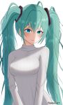  1girl absurdres artist_name blue_eyes blush breasts closed_mouth commentary english_commentary green_eyes hair_ornament hatsune_miku highres long_hair long_sleeves looking_at_viewer ribbed_sweater shy solo sweat sweater turtleneck turtleneck_sweater twintails very_long_hair vocaloid white_background worried yissou_art 