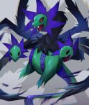  alternate_color commentary fangs film_grain grey_background highres hydreigon molingxiang_chimangguo no_humans open_mouth pokemon pokemon_(creature) red_eyes shiny_pokemon solo tongue 