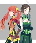  2girls bare_shoulders breasts brown_hair circlet feather_hair_ornament feathers fire_emblem fire_emblem_awakening hair_ornament long_hair looking_at_viewer medium_breasts medium_hair multiple_girls noire_(fire_emblem) red_hair severa_(fire_emblem) twintails yachimata_1205 