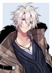  1boy blue_background blue_shirt border brown_coat closed_mouth coat collarbone commentary_request crow_armbrust eiyuu_densetsu fur-trimmed_coat fur_trim grey_hair hair_between_eyes highres jewelry jimen_ko looking_at_viewer male_focus necklace outside_border red_eyes sen_no_kiseki sen_no_kiseki_iv shirt short_hair simple_background solo upper_body white_border white_shirt 