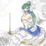  1girl breasts candle cleavage cloth_gag dress fire_emblem fire_emblem_heroes flower gag gagged green_eyes green_hair heartgear improvised_gag large_breasts long_hair lyndis_(fire_emblem) nintendo paid_reward patreon_reward rose solo strapless strapless_dress wedding_cake wedding_dress wedding_veil white_dress white_flower white_rose 