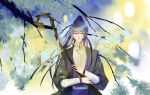  aiako bandages blue_hair chinese flower graphite_(medium) highres lamp long_hair male_focus ponytail solo spiritpact staff traditional_media tree yang_ning 