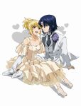  1boy 1girl artist_name athrun_zala blonde_hair blue_hair cagalli_yula_athha couple dress flower fumiko_(mesushi) green_eyes gundam gundam_seed gundam_seed_freedom hand_on_another&#039;s_waist heart high_heels looking_at_another short_hair sitting smile suit tailcoat waistcoat white_background white_footwear white_suit yellow_dress yellow_eyes 