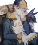  1boy backpack bag blonde_hair blue_jumpsuit brown_bag closed_mouth dappled_sunlight fur-trimmed_jumpsuit fur_trim ginkgo_guild_uniform grey_eyes hair_bun hair_over_one_eye highres jumpsuit looking_at_viewer lucario male_focus misato_karuha pokemon pokemon_(creature) pokemon_legends:_arceus sidelighting sitting sleeping smile sunlight togepi volo_(pokemon) white_background 