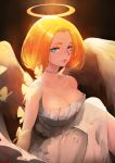  absurdres angel_wings artist_name bamuth blush breasts bug butterfly choker cleavage commentary dress feathered_wings grey_choker grey_dress halo highres insect large_breasts looking_at_viewer original solo white_wings wings 