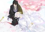  aiako bandages black_hair bracelet cherry_blossoms chinese_clothes closed_eyes duanmu_luoyue fur_trim graphite_(medium) jewelry long_hair male_focus multiple_boys petals ponytail sitting spiritpact sword traditional_media weapon white_background yang_ning yaoi 