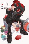  1boy black_footwear black_jacket black_leggings can color_guide commentary_request drink_can ear_piercing earrings gas_mask highres ink_tank_(splatoon) inkling inkling_boy inkling_player_character jacket jewelry leggings looking_at_viewer male_focus mask piercing pointy_ears range_blaster_(splatoon) red_eyes red_hair red_pupils shoes short_hair simple_background sitting smallfry_(splatoon) soda_can splatoon_(series) splatoon_3 tentacle_hair tyinkama white_background 