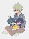  3boys aged_down ahoge amami_rantaro black_hair blue_hair blush book brown_pants checkered_clothes checkered_scarf child closed_eyes commentary_request crossed_legs danganronpa_(series) danganronpa_v3:_killing_harmony dark_blue_hair flipped_hair full_body green_eyes green_hair grey_background hair_between_eyes headpat holding holding_book male_focus multiple_boys oma_kokichi open_book open_mouth pants pitoichi purple_eyes purple_hair reading saihara_shuichi scarf shirt short_hair sitting sitting_on_lap sitting_on_person sketch socks striped_clothes striped_shirt white_socks 