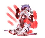  2018 anthro blood breasts caprine digital_media_(artwork) eyewear female fur glasses gore hair handprint hi_res higgington insane knife mammal nipples nude sheep simple_background smile solo stab weapon 