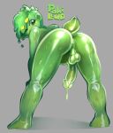 balls blush blushing_at_viewer bodily_fluids cum cum_drip dripping erection genital_fluids genitals girly goo_creature goo_humanoid green_body green_eyes green_hair green_skin hair humanoid male nude penis pokilewd precum precum_drip shaved_sides solo tail