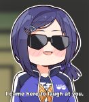  1girl a-chan_(3rd_costume)_(hololive) a-chan_(hololive) blue_hair blush_stickers bread breast_padding english_commentary english_text food gundam hair_ornament hairclip highres hololive i_came_here_to_laugh_at_you_(meme) jacket kukie-nyan low_ponytail medium_hair melon_bread meme official_alternate_costume official_alternate_hairstyle open_mouth print_jacket print_shirt purple_jacket purple_shirt shirt short_ponytail smile solo sunglasses swept_bangs teeth track_jacket upper_body upper_teeth_only virtual_youtuber zeta_gundam 