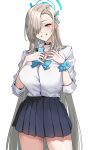  1girl asakawa_(outeq) asuna_(blue_archive) black_choker black_skirt blue_archive blue_bow blue_bowtie blue_eyes blue_halo blue_ribbon blue_scrunchie blush bow bowtie cellphone choker collared_shirt cowboy_shot grin hair_over_one_eye hair_ribbon halo highres holding holding_phone light_brown_hair long_hair looking_at_viewer phone pleated_skirt ribbon scrunchie shirt simple_background skirt sleeves_past_elbows smartphone smile solo white_background white_shirt 