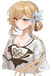  1girl absurdres alternate_costume alternate_hairstyle blonde_hair breasts cleavage commentary_request dress flower genshin_impact hair_flower hair_ornament highres long_hair lumine_(genshin_impact) solo upper_body white_dress white_flower yaduki100 yellow_eyes 