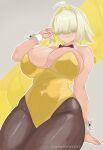  1girl absurdres artist_name breasts burri elegg_(nikke) goddess_of_victory:_nikke highres large_breasts leotard pantyhose short_hair simple_background thick_thighs thighs yellow_leotard 