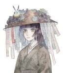  1girl black_eyes black_hair blunt_bangs closed_mouth colored_inner_hair expressionless grey_hair grey_kimono hat highres japanese_clothes kimono kz_m_i long_hair looking_at_viewer multicolored_hair no_pupils original painting_(medium) paper rice_hat sanpaku sash seashell shell simple_background solo traditional_media two-tone_hair upper_body watercolor_(medium) white_background 