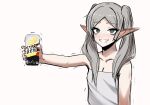  1girl ai-assisted alcohol bags_under_eyes bare_shoulders black_eyeliner black_eyeshadow breasts can commentary_request dress drink drunk elf eyelashes eyeliner eyeshadow frieren green_eyes grey_hair highres holding holding_can long_hair makeup meme nagainegi parted_bangs pointy_ears saliva simple_background small_breasts smile solo sousou_no_frieren strong_zero trembling twintails white_background white_dress white_hair you_can_just_give_this_kind_of_thing_to_men_and_they_will_be_thrilled_(meme) 