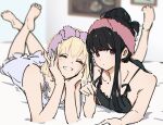  2girls atenaba bare_arms barefoot black_camisole black_hair blonde_hair blurry blurry_background camisole chromatic_aberration closed_eyes closed_mouth commentary dress feet_up full_body hair_bun hairband hashtag_only_commentary highres holding indoors inoue_takina long_hair looking_at_viewer lycoris_recoil lying medium_hair multiple_girls nishikigi_chisato on_bed on_stomach open_mouth pajamas pink_hairband purple_eyes purple_hairband sleeveless sleeveless_dress smile the_pose white_dress 