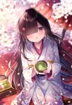  1girl black_hair blurry blurry_foreground blush commentary_request cup dango depth_of_field floral_print flower food gradient_kimono grey_kimono hair_flower hair_ornament hair_over_one_eye hairclip holding holding_cup japanese_clothes kimono long_hair long_sleeves looking_at_viewer nemuri_nemu obi oil-paper_umbrella original parted_lips pink_flower print_kimono purple_eyes red_umbrella sanshoku_dango sash sitting solo twitter_username umbrella very_long_hair wagashi white_flower white_kimono wide_sleeves 