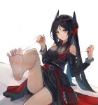  1girl absurdres arknights bare_legs barefoot between_toes black_hair feet foot_out_of_frame foot_up highres ines_(arknights) long_hair looking_at_viewer simple_background smile soles solo sorps spread_toes string toes 