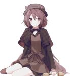  1girl animal_ear_fluff arknights black_bow black_bowtie black_capelet black_headwear black_jacket black_skirt bow bowtie brown_dress brown_eyes brown_footwear brown_hair capelet commentary_request dress ears_through_headwear hair_between_eyes holding jacket long_hair looking_at_viewer melantha_(arknights) odjikasu one-hour_drawing_challenge shirt simple_background sitting skirt solo very_long_hair white_background white_shirt yokozuwari 