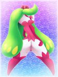  2018 big_butt biped blue_background breasts butt featureless_breasts female flora_fauna gradient_background green_hair hair hand_on_butt hi_res humanoid long_hair looking_back nintendo not_furry pattern_background plant pok&eacute;mon pok&eacute;mon_(species) presenting pseudo_clothing purple_background pussy rear_view red_eyes simple_background sirredbenjamin solo standing tsareena video_games white_skin 