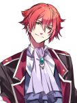  1boy ascot black_jacket closed_mouth commentary_request eiyuu_densetsu green_eyes hair_between_eyes head_tilt highres jacket jimen_ko lechter_arundel light_smile male_focus multicolored_clothes multicolored_jacket purple_ascot red_hair red_jacket sen_no_kiseki sen_no_kiseki_iv short_hair simple_background solo suit two-tone_jacket upper_body white_background white_trim 
