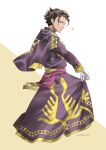  1boy absurdres artist_name brown_hair capelet claude_von_riegan closed_mouth commentary_request fire_emblem fire_emblem:_three_houses fire_emblem_warriors:_three_hopes full_body gloves gold_trim green_eyes highres long_skirt male_focus midori_no_baku purple_capelet purple_skirt short_hair skirt smile solo star_(symbol) twitter_username two-tone_background white_background white_gloves yellow_background 
