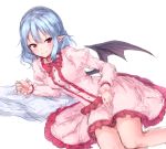  bat_wings blue_hair blush bow bowtie breasts commentary dress eyebrows_visible_through_hair feet_out_of_frame frilled_dress frilled_shirt_collar frills highres juliet_sleeves junior27016 long_sleeves looking_at_viewer lying medium_breasts no_hat no_headwear on_side pink_dress pointy_ears puffy_sleeves red_bow red_eyes red_neckwear remilia_scarlet short_hair simple_background smile solo touhou white_background wings 