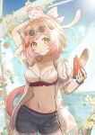  1girl :o animal_ears animal_on_head arknights arm_above_head bikini bikini_top_only blue_shorts blue_sky breasts cat cat_ears cat_girl cat_on_head cat_tail cleavage collarbone contrapposto cowboy_shot day denim denim_shorts eyewear_on_head food fruit goldenglow_(arknights) goldenglow_(summer_flowers)_(arknights) groin hair_ornament hairpin highres holding holding_food holding_fruit horizon large_breasts lens_flare long_sleeves looking_at_viewer medium_hair navel on_head open_clothes open_mouth open_shirt outdoors pink_hair round_eyewear shirt shizu_kasan short_shorts short_sleeves shorts sidelocks sky solo stomach sunglasses swimsuit tail watermelon watermelon_slice white_bikini white_shirt yellow_eyes 