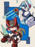  2boys black_bodysuit blue_headwear bodysuit chibi coat crop_top cyber_elf_x_(mega_man) detached_wings energy_sword forehead_jewel helmet highres holding holding_sword holding_weapon looking_at_viewer mega_man_(series) mega_man_zero_(series) multiple_boys omochi_(mochi_skymega) red_headwear sword weapon wings x_(mega_man) zero(z)_(mega_man) zero_(mega_man) 