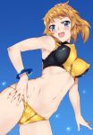  :d absurdres ass_visible_through_thighs bare_shoulders bikini black_bikini blue_background blue_eyes blush bracelet breasts brown_hair cameltoe covered_nipples groin gundam gundam_build_fighters gundam_build_fighters_try hair_ornament hair_scrunchie highres hoshino_fumina impossible_clothes impossible_swimsuit jewelry looking_at_viewer looking_down medium_breasts navel niko_(tama) open_mouth pink_scrunchie ponytail scrunchie shiny shiny_hair short_ponytail smile solo swimsuit two-tone_bikini unaligned_breasts water_drop wet yellow_bikini 