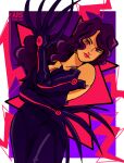  1girl arsmentae black_dress black_hair cowboy_shot dress english_commentary eyelashes fullmetal_alchemist highres long_dress long_hair looking_at_viewer lust_(fma) pink_lips purple_background solo very_long_fingernails wavy_hair 