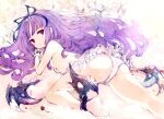  1girl ass bare_shoulders barefoot blood blood_on_weapon demon_reaper frilled_panties frills galleria_no_chika_meikyuu_to_majo_no_ryodan hair_ribbon highres holding holding_weapon kakuwashi long_hair looking_at_viewer looking_back lying on_stomach panties pink_eyes purple_hair ribbon sketch solo underwear weapon white_panties 