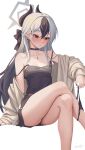  1girl black_choker black_hair black_horns blue_archive blush breasts bright_pupils choker closed_mouth crossed_legs demon_horns ear_piercing earclip grey_halo hair_between_eyes halo hayate_(leaf98k) highres horns kayoko_(blue_archive) kayoko_(dress)_(blue_archive) legs long_hair long_sleeves multicolored_hair off_shoulder official_alternate_costume piercing red_eyes sitting solo thighs two-tone_hair white_background white_pupils 