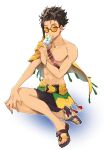  1boy cape claude_von_riegan claude_von_riegan_(summer) fire_emblem fire_emblem:_three_houses fire_emblem_heroes highres ice_cream_bar male_focus male_swimwear official_alternate_costume sandals shoulder_belt swim_trunks yachimata_1205 yellow_cape 