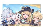  2boys 2girls :d :o :q ^_^ aether_(genshin_impact) ahoge arm_guards artist_name ascot asymmetrical_bangs b_bmvp black_bow black_cape black_flower black_gloves black_headwear black_shirt blonde_hair blue_coat blue_hair blue_sky blush border bow brooch cape chibi clenched_hands closed_eyes closed_mouth cloud coat commentary_request cup day detached_collar drill_hair drill_sidelocks earrings eating eyelashes flower food frilled_sleeves frills genshin_impact gloves hair_between_eyes hair_ornament halo hand_up hands_up hat hat_flower highres holding holding_food holding_plate holding_teapot jewelry licking_lips long_hair long_sleeves looking_at_another macaron medium_hair multicolored_hair multiple_boys multiple_girls navia_(genshin_impact) neuvillette_(genshin_impact) open_mouth outdoors outside_border paimon_(genshin_impact) parted_bangs petals plate purple_eyes romper saucer scarf shirt short_sleeves sidelocks single_earring sky sleeve_cuffs smile star_(symbol) star_hair_ornament streaked_hair sun table teacup teapot teeth tongue tongue_out twitter_username upper_body upper_teeth_only white_ascot white_border white_hair white_romper white_scarf yellow_bow yellow_eyes yellow_flower 
