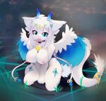 absurd_res big_breasts blue_eyes breasts crystal dragon female fur hi_res horn humanoid magic magic_circle mythological_creature mythological_scalie mythology qavc scalie solo white_body white_fur wings