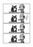  4koma :3 animal_ears bird_tail blush comic desk elbow_gloves eye_contact flying_sweatdrops fur_collar gloves grey_wolf_(kemono_friends) greyscale head_wings heterochromia highres ink jacket kemono_friends kotobuki_(tiny_life) long_hair looking_at_another monochrome multicolored_hair multiple_girls necktie pantyhose pointing quill shoebill_(kemono_friends) short_sleeves shorts side_ponytail simple_background sitting standing tail translated white_background wolf_ears 