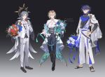  3boys ascot aventurine_(honkai:_star_rail) black_gloves black_pants black_shirt blonde_hair blue_hair bouquet dr._ratio_(honkai:_star_rail) earrings eyewear_on_head flower full_body gloves grey_hair hair_ornament halo head_wings highres holding holding_bouquet honkai:_star_rail honkai_(series) jewelry male_focus multiple_boys pants purple_eyes red_eyes shirt short_hair simple_background standing suit sunday_(honkai:_star_rail) white_ascot white_gloves white_pants white_shirt wings yaoyaobae yellow_eyes 