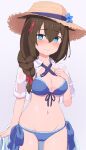  1girl bikini blue_bikini blue_eyes blue_ribbon braid breasts brown_hair brown_headwear cleavage collared_shirt cowboy_shot dress_shirt front-tie_bikini_top front-tie_top gradient_background grey_background hair_flaps hair_over_shoulder hand_on_own_chest hat highres kantai_collection long_hair medium_breasts neck_ribbon official_alternate_costume open_clothes open_shirt ribbon shigure_(kancolle) shirt side-tie_bikini_bottom single_braid solo standing straw_hat sun_hat swimsuit tsukimoto_reiji white_background white_shirt 