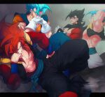  black_hair blue_eyes blue_sash blue_wristband closed_mouth dougi dragon_ball dragon_ball_heroes dragon_ball_super earrings gloves gogeta gogeta_(xeno) jewelry long_hair male_focus metamoran_vest monkey_boy monkey_tail multiple_boys muscular muscular_male ommmyoh open_mouth pants potara_earrings red_fur saiyan sash smile spiked_hair super_saiyan super_saiyan_4 super_saiyan_blue tail time_patrol_(dragon_ball) twitter_username vegetto vegetto_(xeno) 